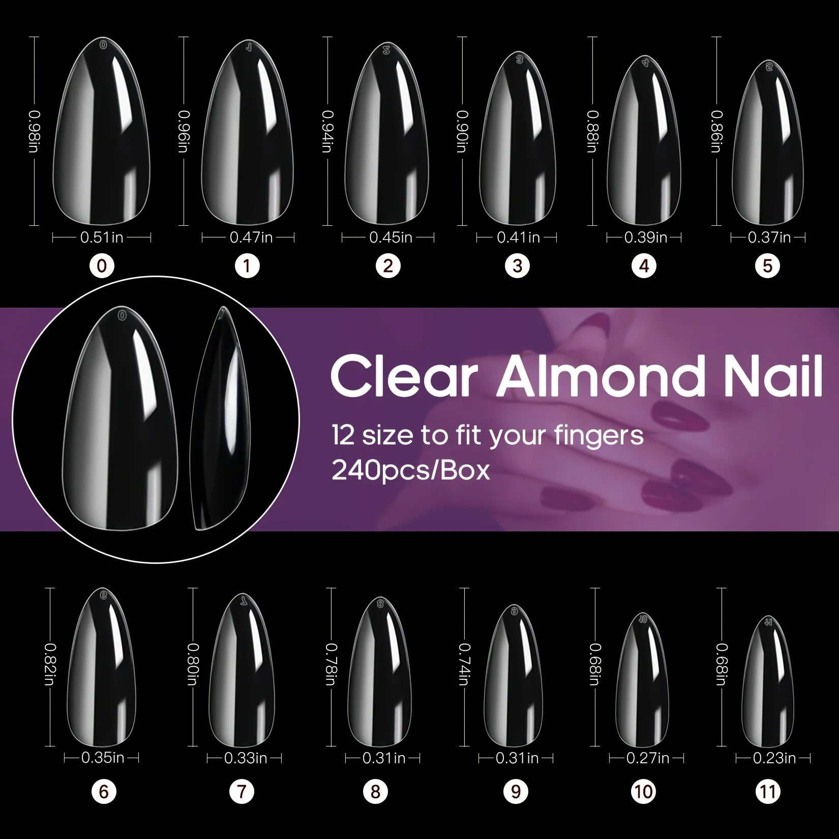 240 Pcs Almond False Nail Tips Clear Matt Soft Fake Nails Extension 12 Sizes For Home DIY Nail Salon Manicure
